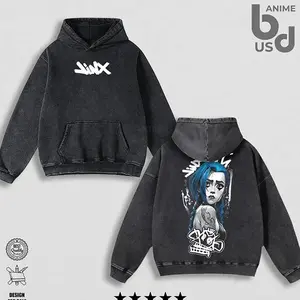 Jinx Arcane - League of Legends Hoodie Wash – Double Printed Cool Style, Oversize Unisex Cotton, Retro 90s Graphic Tee, Streetwear, Menswear, Gift For Anime Fan UBJ FQO