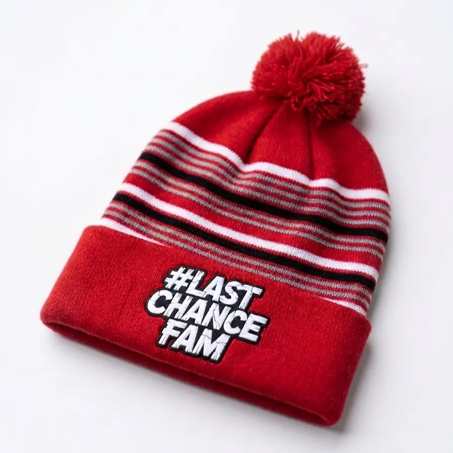 Striped Pom-Pom Cuffed Knit Winter Hat, Red/White/Black Color Options, #LastChanceFam Fashion Merch