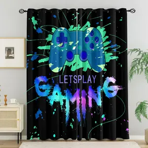 Esports Graffiti Street Style Neon Gaming Controller Blackout Curtains Set, 2 Pieces, No-Drill Ring Design, Washable Polyester Fabric, Bareless, Suitable for Bedroom Living Room Dormitory Insulation & UV, Multi-Functional Home Decor