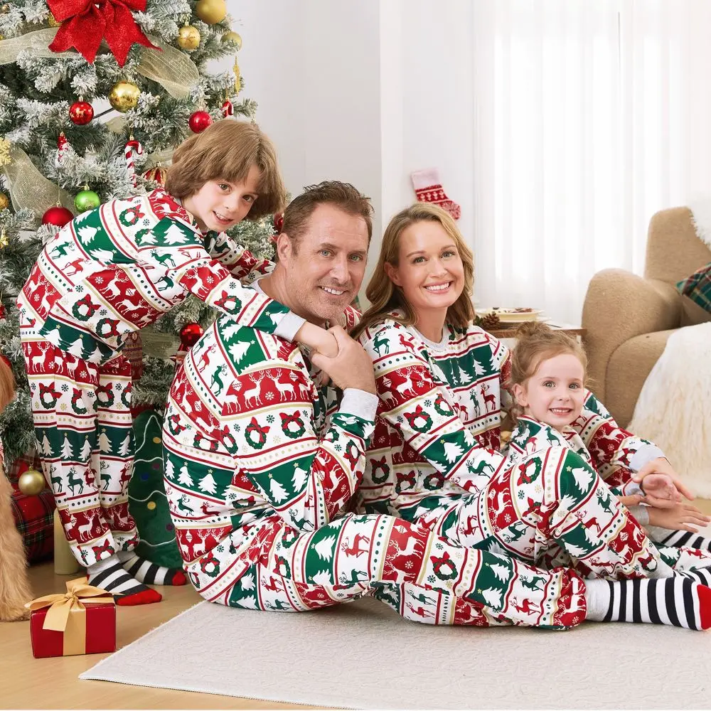 PatPat Matching Family Pajama Sets, Festive Deer Print Hooded Jumpsuit in Soft Elastane Knit, Long Sleeve with Socks for Babies to Grandparents