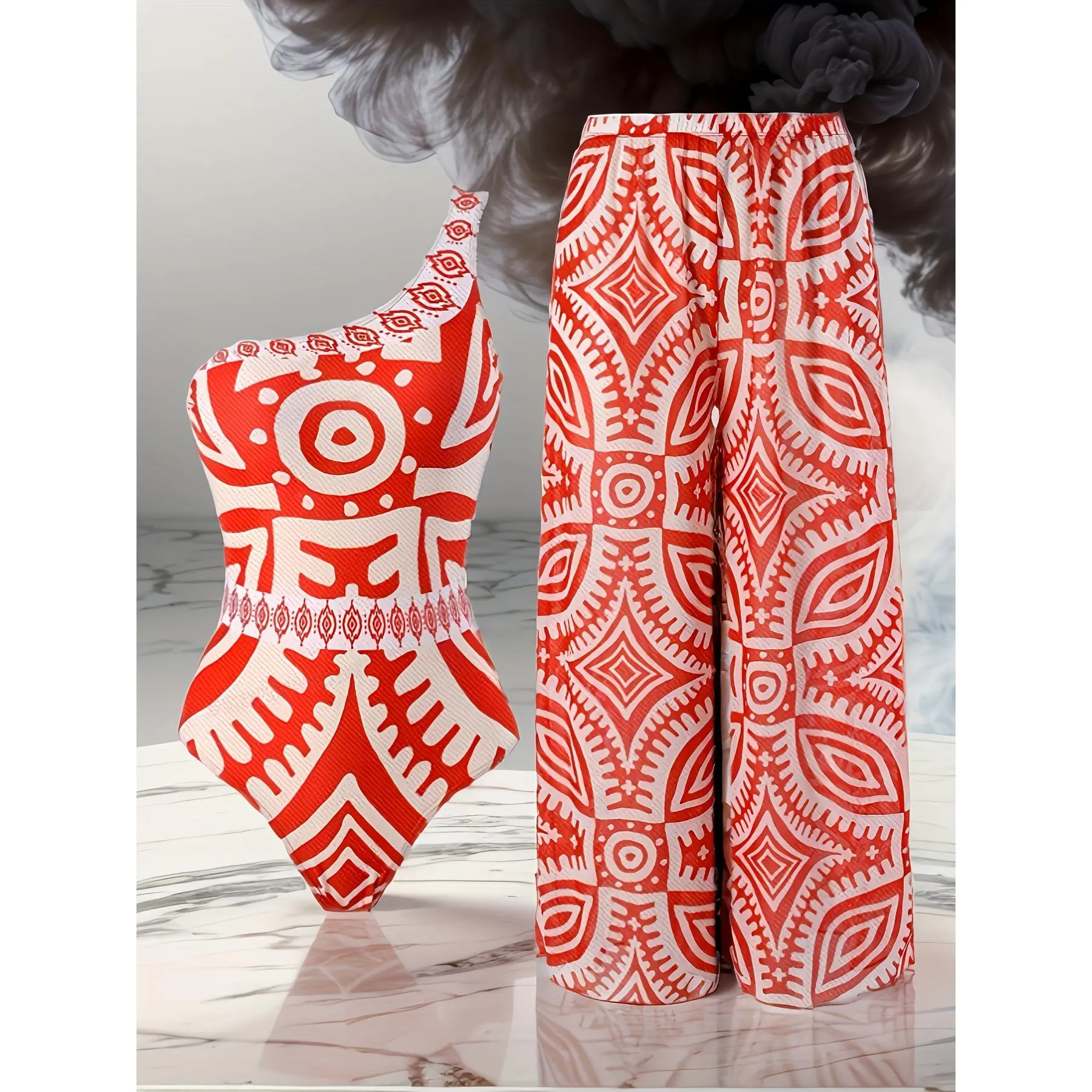 Women Vintage Print One Piece Swimsuit with Single Strap and Matching Sunscreen Pants Set for Beach Resort Vacation Tropical Summer Outfit