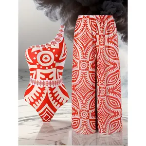 Women Vintage Print One Piece Swimsuit with Single Strap and Matching Sunscreen Pants Set for Beach Resort Vacation Tropical Summer Outfit