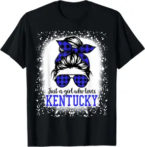 100%cotton Kentucky Women Girls Messy Bun Hair, Kentucky State Pride T-Shirt