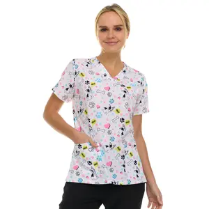 Medichic Kendall Hello Paws Printed V-Neck Scrub Top