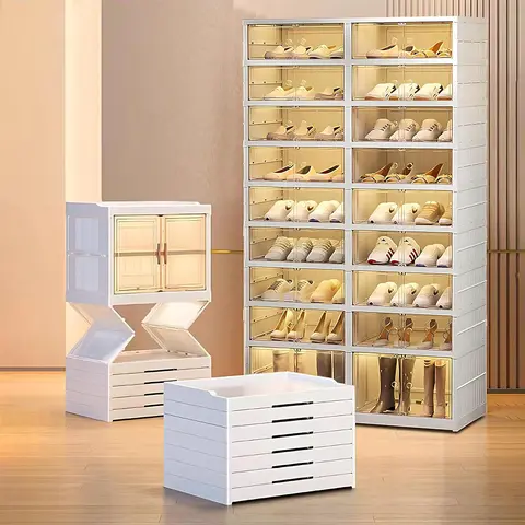 Shoe Storage Organizer, 2-Pack Plastic Rectangle Folding Divided Units (8+1 Layers Each) - Collapsible Transparent Home Organizers with Wheels, Secure Suction Door, Ventilate & Display, Collapsible Storage Solutions for Balcony, Bedroom