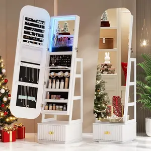 Miuvanity 3-in-1 360 Swivel Jewelry Cabinet with LED Light，Lockable Jewelry Mirror Cabinet，Standing Jewelry Armoire，Frameless Full-Length Mirror，3 Storage Shelves Gift Idea Decor，Mirror with storage