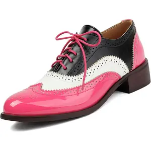Women's Patent Leather Perforated Lace-up Oxfords Multicolor Colorful Brogues Wingtip Derby Shoe Ladies Plus Size Vintage Dress Oxfords-15 Yards