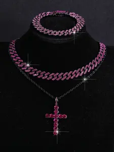 Hip-Hop Punk Colorful Cross & Lightning Pendants Necklace Set, Sparkling Blingbling Cuban Chain Jewelry for Men Women, Party Festival Gift, Cross Charm Necklace, Bling Stylish Accessory