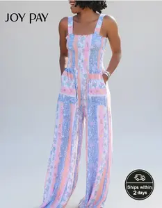 JOYPAY Women's Floral Print Smocked Jumpsuit with Pockets Breezy and Stylish Summer Outfit Pastel Soft Lightweight Feminine Beach Casual