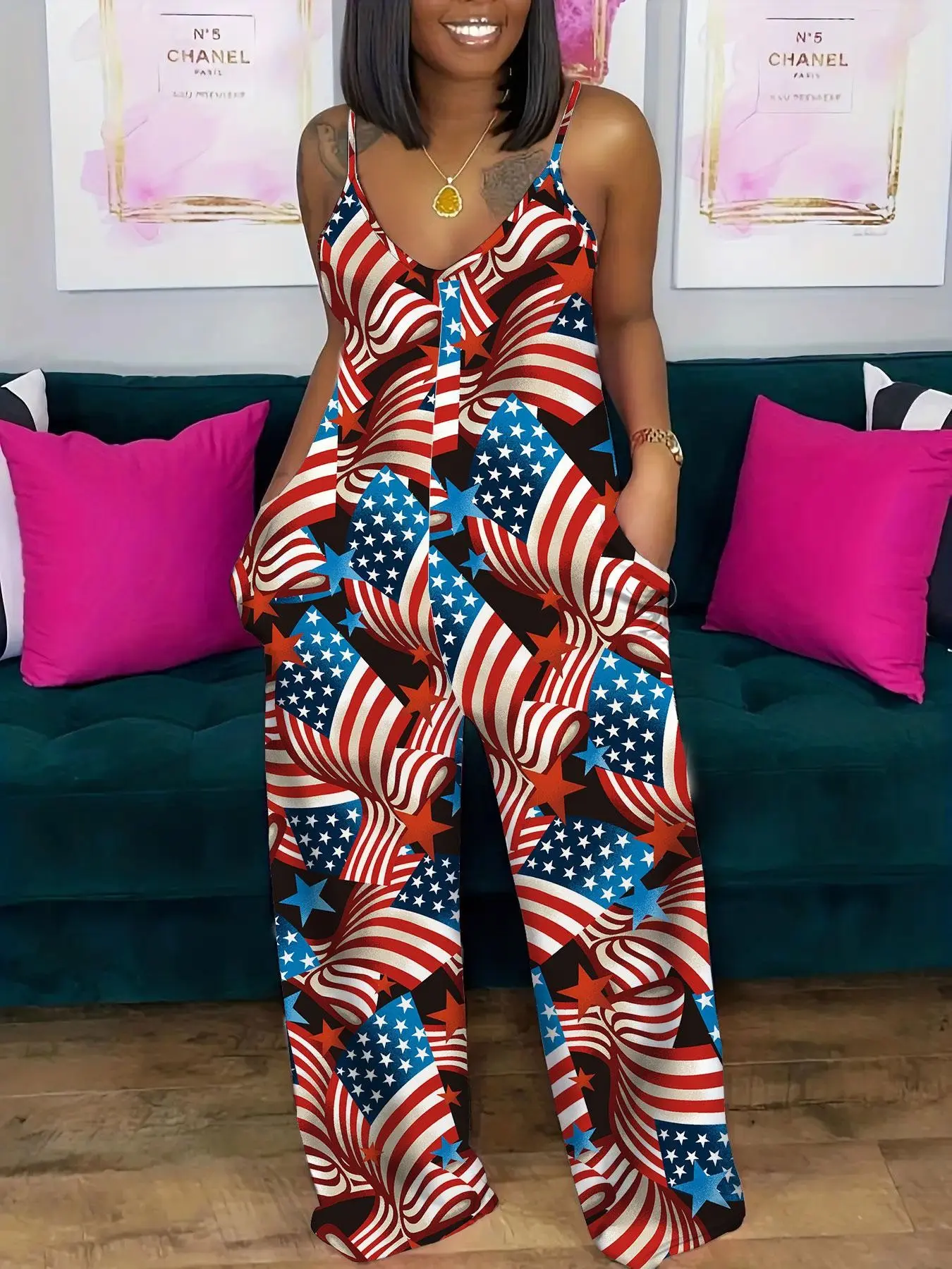Women's Striped Print Fitted Cami Spaghetti Strap Jumpsuit with Pockets, Casual Sleeveless Overalls Jumpsuit for Summer, Fashionable Jumpsuit, Fashion Women's Clothing for Daily Wear, Casual Jumpsuits
