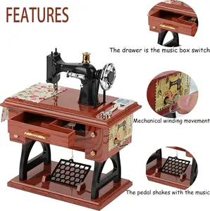 Vintage Sewing Machine Mini Music Box with Authentic Wind-Up Mechanism & Melodic Tunes for Home Office Desk Decorative Piece