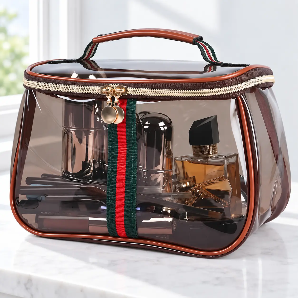 New Retro Vintage Vanity Bag, Large Capacity Makeup Organizer for Women, Ladies Travle Storage Case, Waterproof Transparent Toiletry Bag, Portable Skincare Storage Case (Brown)