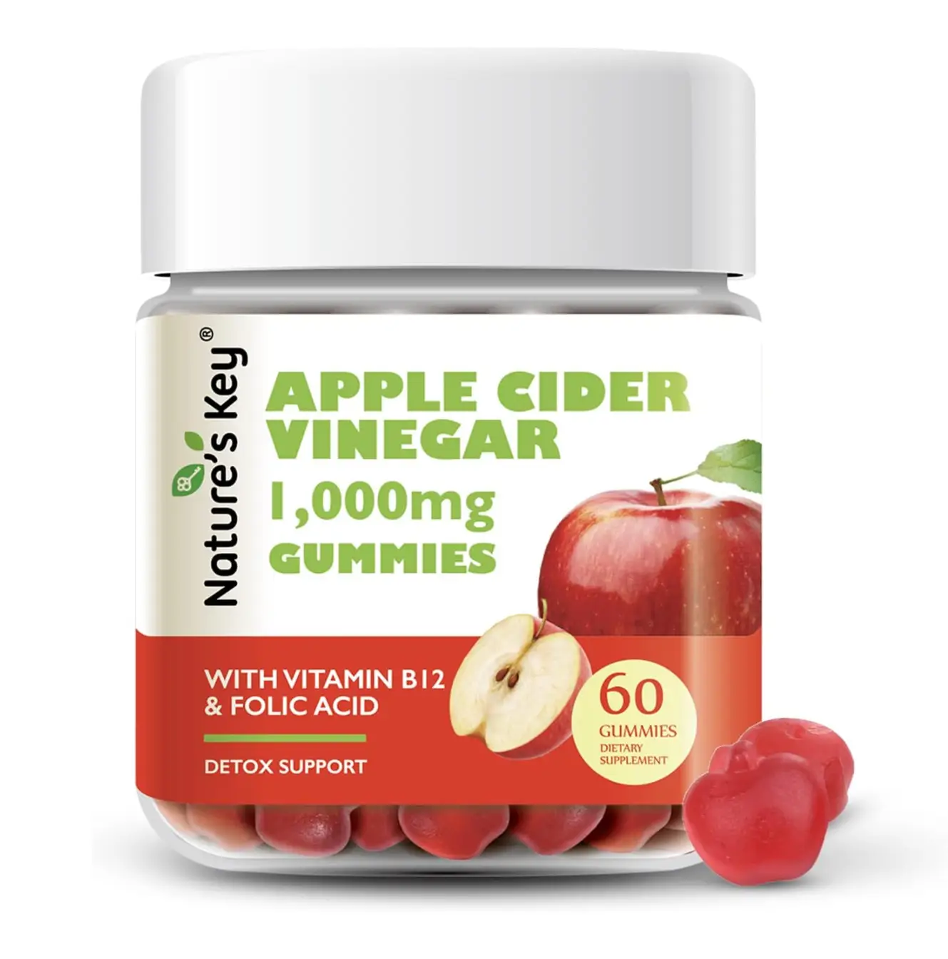 Apple Cider Vinegar Gummies , 1000mg 60 Count, with Folic Acid Vitamin B6 B12 , Pack of 1 or 2, Digestion, Natural Detox & Cleansing, Vegan, Gluten Fr