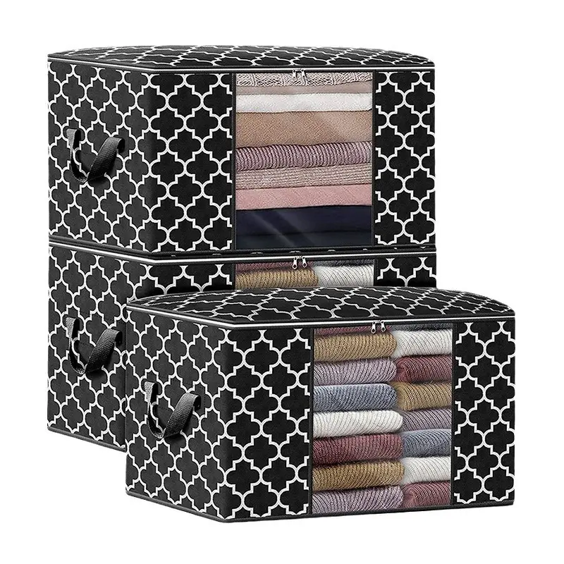 Large capacity moving and storage bag made of printed non-woven fabric foldable for organizing quilts blankets and clothes at home