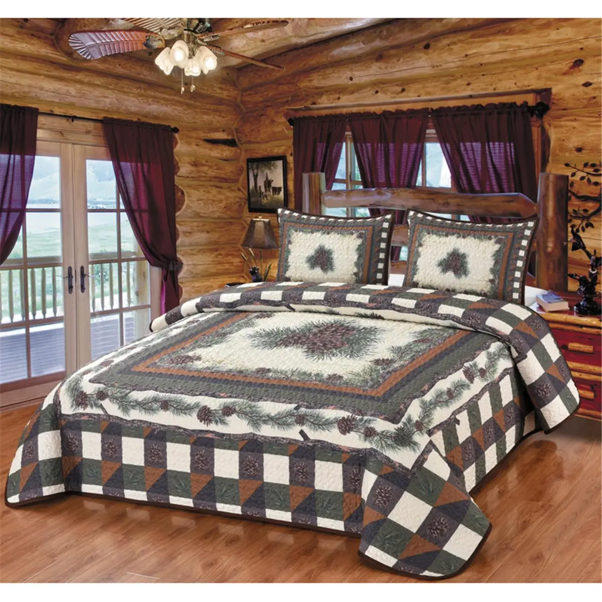 De Leon Collections 62314 Pine Forest Checkered Pinecone Quilt Quilted Bedding Set, Multi Color - King Size Quilt & 2 King Size Shams