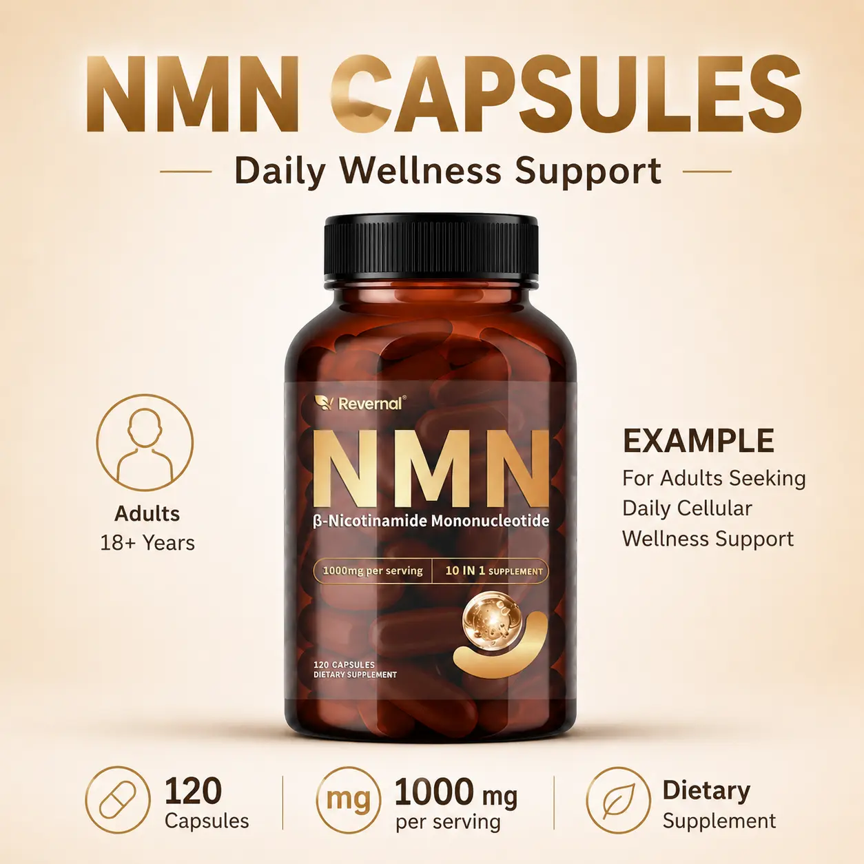 Revernal 10-in-1 Dietary NMN Supplement Complex with CoQ10, Resveratrol, PQQ, Alpha Lipoic Acid & Vitamin B Complex | Cellular Energy & Metabolic Support | 120 Capsules
