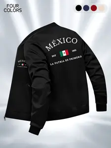 Men's Casual Baseball Collar Zipper Pocket Jacket, Business Regular Fit, Mexican Letter Print, Long Sleeve, Fall & Winter Fashion