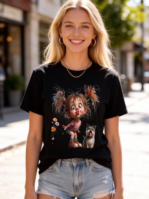 Women's Vintage Pure Cotton Lightweight Cartoon Print Graphic T-Shirt - Casual Short Sleeve Crew Neck A-Type Backless Fitted Streetwear Top for Halloween, Everyday Wear