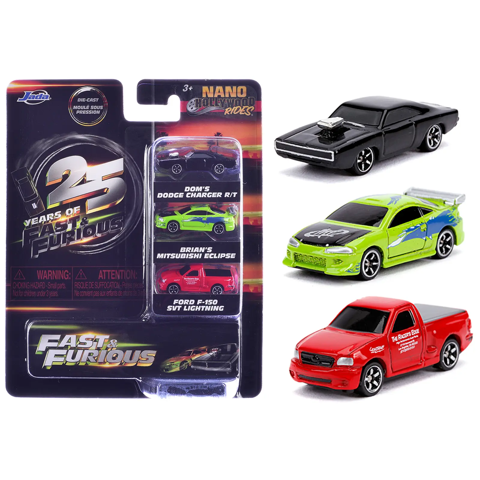 "Fast & Furious 25th Anniversary" 3 piece Set #1 "Nano Hollywood Rides" Diecast Model Cars by Jada