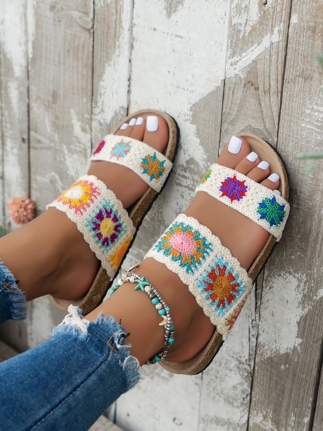 Summer New Women's Knitted Flower Pattern Sandals, Boho Sandals, Bohemian Style Slip-On Slippers, Anti-Slip Indoor Shoes, Travel Friendly, Bohemian Trending Sandals
