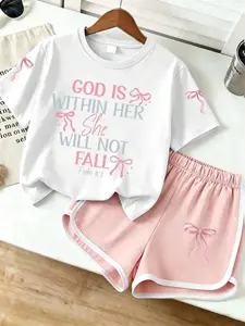 Girls 2-Piece Summer Outfit Set, Faith Graphic Short Sleeve T-Shirt and Bow Print Shorts, Casual Kids Clothes