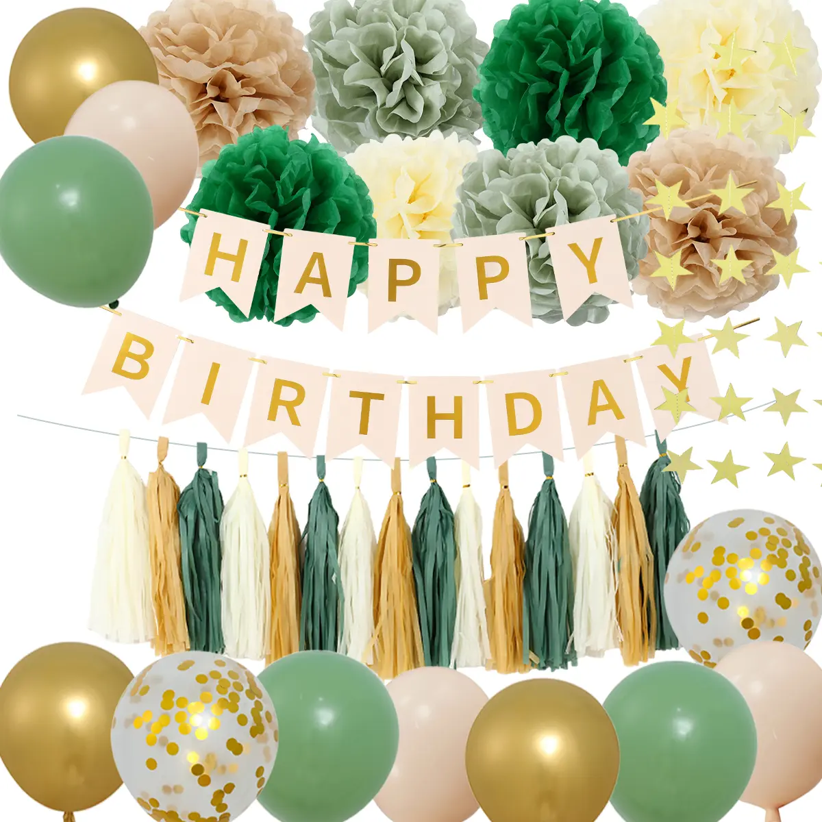 Sage Green Happy Birthday Party Decorations Set, Blue Silver Rose Gold Birthday Party Decoration with Foil Curtain, Birthday Balloons, Heart Shaped Balloons, Metallic Latex Balloon Confetti Balloons, Boyfriend's gift, Summer Home Decor Baby Shower