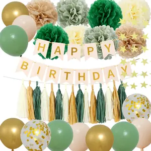 Sage Green Happy Birthday Party Decorations Set, Blue Silver Rose Gold Birthday Party Decoration with Foil Curtain, Birthday Balloons, Heart Shaped Balloons, Metallic Latex Balloon Confetti Balloons, Boyfriend's gift, Summer Home Decor Baby Shower