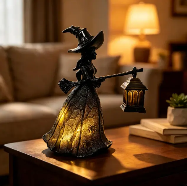 Halloween Witch Figurine with LED Light - Black Witch with Spider Web Dress Holding Lantern, Spooky Tabletop  Sculpture, Home  for Party Gifts garden decor supply statue funny decoration