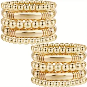 10PCS 14K Gold Plated Bangles Bracelet for Women Chunky Curved Stacking Plated Bead Ball Stretchable Bracelets