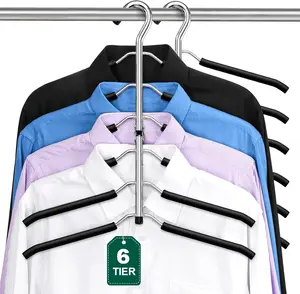 2-Pack Space-Saving 6-Tier Hangers - Non-Slip Foam Padded for Sweaters & T-Shirts, Closet Organizer for Men/Women Stainless Metal