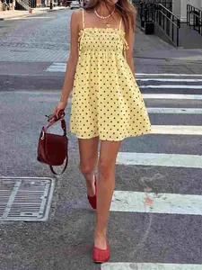 Women Polka Dot Mini Short Dress Spaghetti Strap Smocked Sundress Flowy Babydoll Dress Cute Ruffle Sleeveless Summer Beach Vacation Casual Y2K Trendy Lightweight Dress Yellow