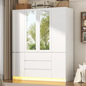 75" Led Wooden Armoire Wardrobe Closet With Mirror, 4 Doors & Adjustable Shelves, Storage Cabinet With Hanging Rod And Drawers For Bedroom, Living Room, Entryway