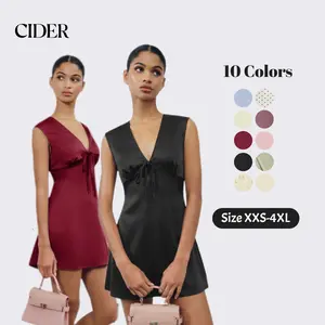 Cider Satin V-neck Ruched Knotted Tie Back Mini Dress