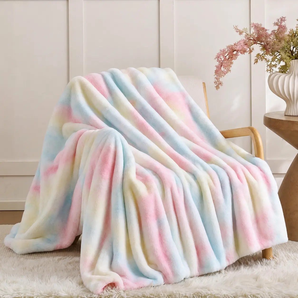 Pastel Rainbow Tie-Dye Flannel Throw Blanket for Couch - Super Soft Cozy Plush Blanket,  Fuzzy Throw for Sofa & Bed, Thick Lightweight Warm Blanket, Gift for Women 50"x60",Printing on one side
