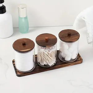 Clear Storage Box with Wooden Lid, 3 Counts/set Swab Holder, Bathroom Counter Organizer, Home Organizer for Bedroom, Living Room