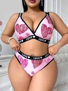 Women Plus Size Heart Print Comfortable Lingerie Set Kawaii Pink Halter Top & High Rise Briefs 2 Piece Set for Teen Daily Wear