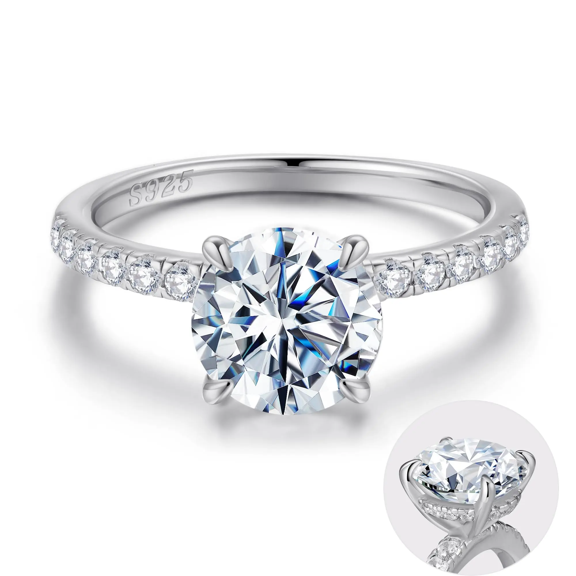 2ct Halo Engagement Rings For Women  White Yellow Plated Solid Sterling Cubic Zirconia Ring 4 Claw Side Stone Solitaire