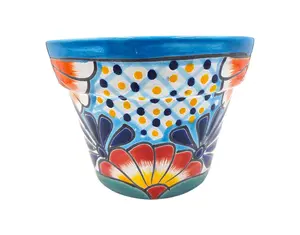 Mexican Talavera Maceta De Granja Planter Pot - Hand Painted with Light Blue Trim