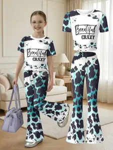 Girls' "Beautiful Crazy" Teal Cow Print Short Sleeve Flare Pants Set