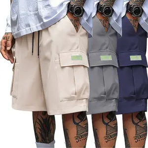3PCS, Men's Utility Cargo Shorts Set - Trendy Streetwear Loose Fit Shorts, Breathable Casual Tactical Shorts with Flap Pockets Beige Stylish