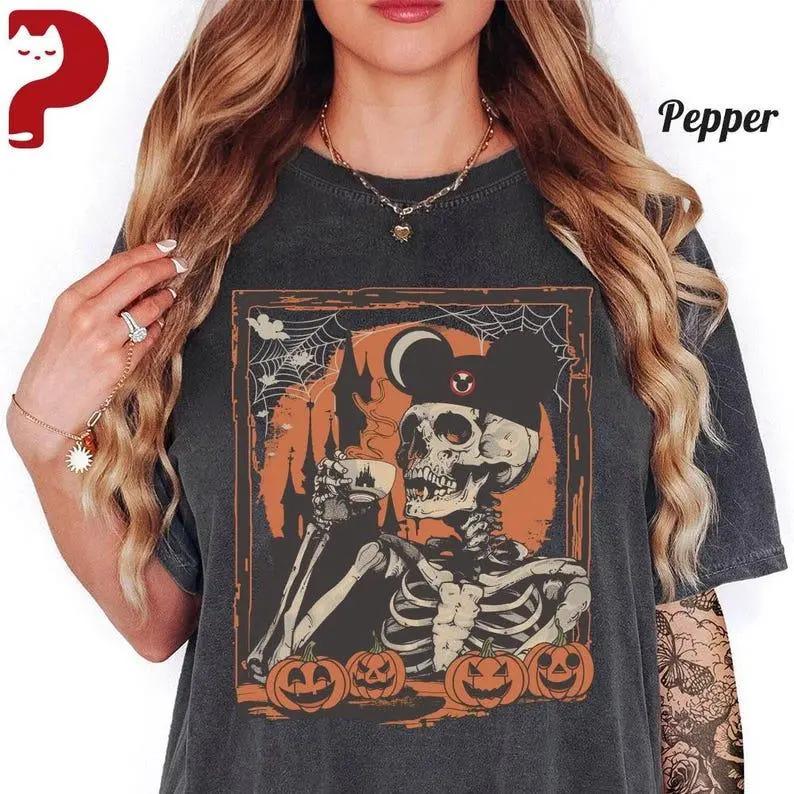 Spooky Magical Halloween Shirt, Skeleton with Mickey Drinking Coffee Tee, Castle Pumpkin Fall Graphic Tee, Halloween 2026 Shirt
