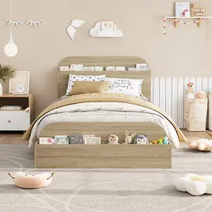 Wooden Platform Bed Frame with Storage Headboard & Raised Footboard, Wooden Full-Floor Low Platform Bed, Sturdy Slats, Noise Free, No Box Spring Needed, Heavy Duty, Easy Assembly