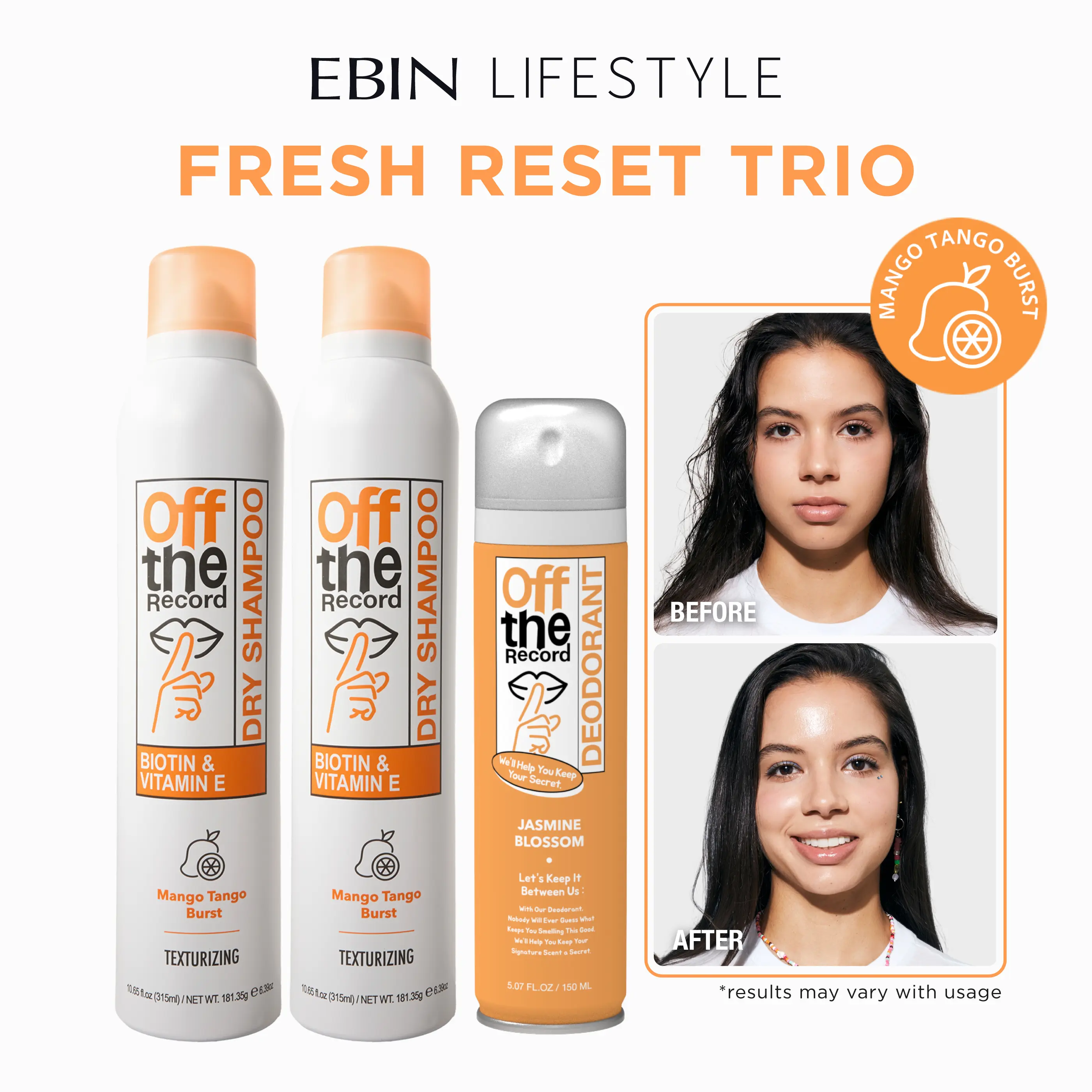 EBIN Off The Record Fresh Reset Duo (Mango Tango Burst) 2-Pack Dry Shampoo + FREE Deodorant Spray | Oil Control, Odor Protection, All-Day Fresh