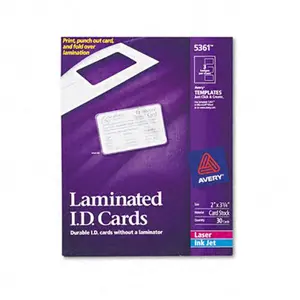 Avery 5361 Laminated Laser/Inkjet ID Cards- 2 x 3-1/4- White- 30/Box