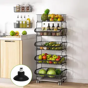 Fruit Vegetable Basket, 1Easylife 5 Tier Stackable Metal Wire Basket Cart with Rolling Wheels, Utility Rack for Kitchen, Pantry, Garage With 2 Free Baskets (Black)
