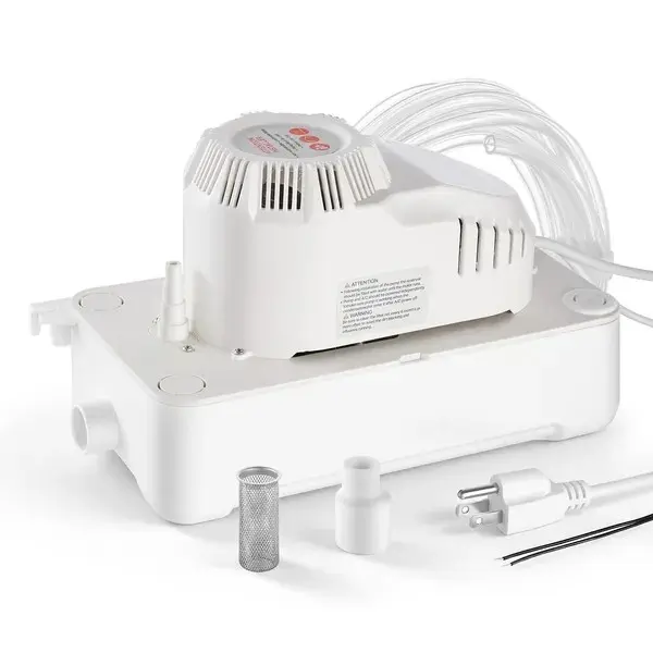 Automatic 115V Condensate Pump with Safety Switch - 1/12 HP, 90 GPH, 20 ft Lift, 20 ft Tubing, 0.5-gal Capacity, ABS Construction, Filter, Adapter, Cable Ties for Air Conditioner, Dehumidifier, Ice Maker Drain