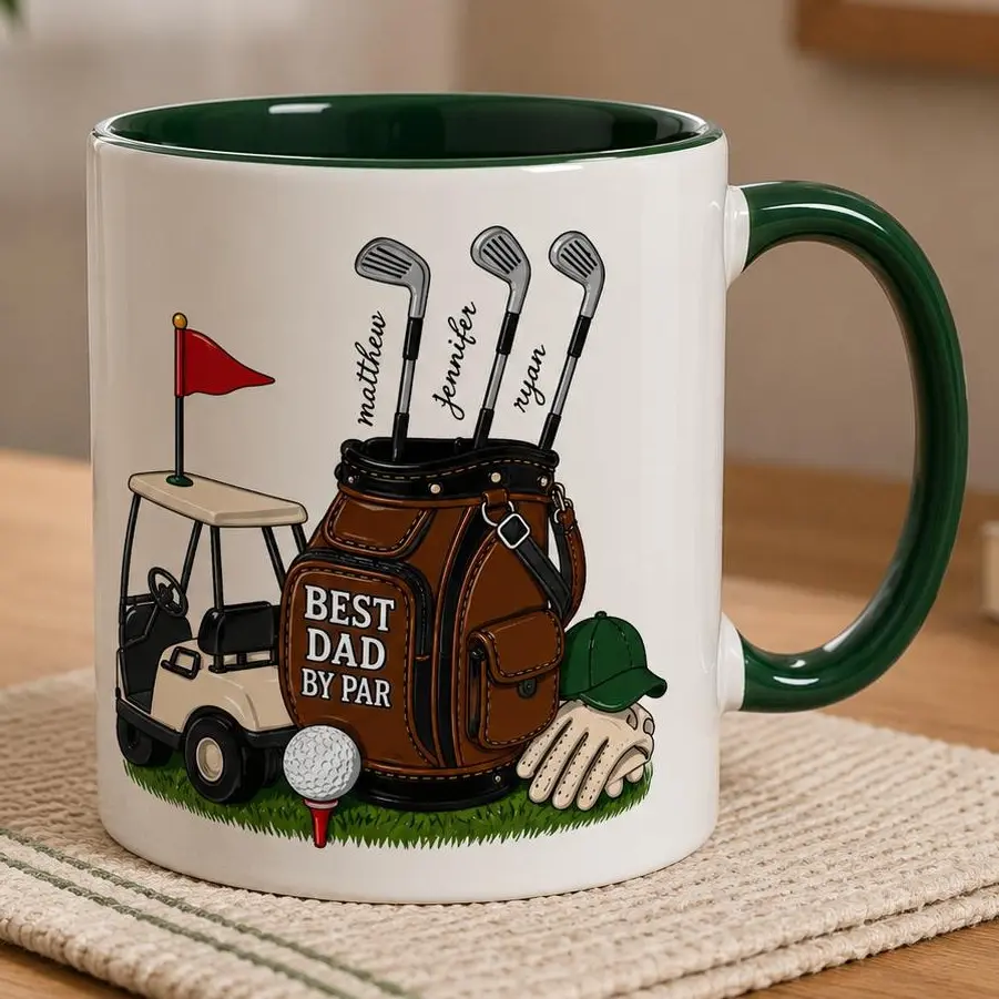 Best Dad By Par Personalized Golf Mug – Custom Dad Coffee Cup with Golf Bag, Golf Cart & Kids Names, Father’s Day Gift for Golf Lover Dad