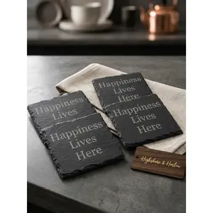 Happiness Lives Here - 4 Piece Slate Coaster Set