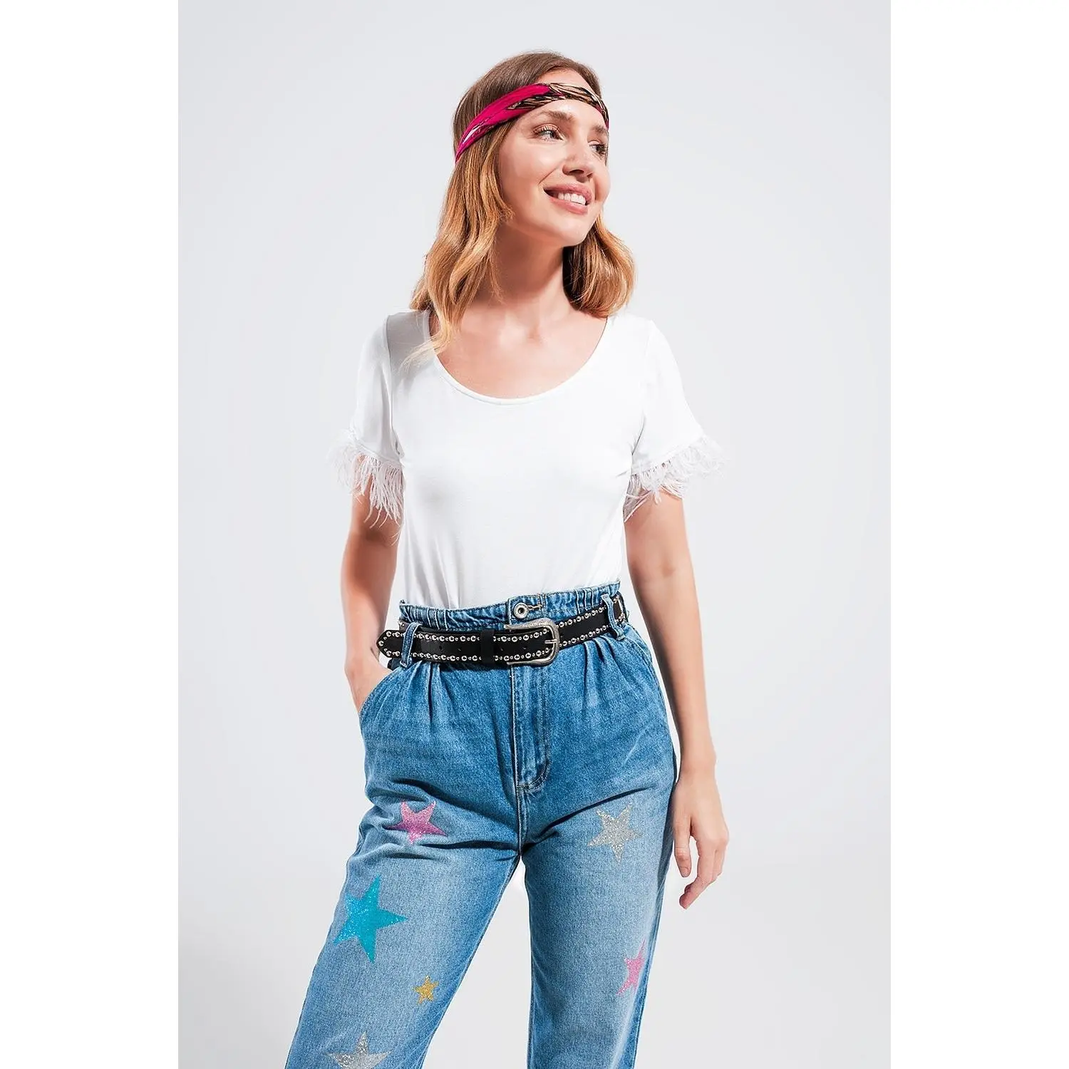 Embellished top with faux feather cuffs in white