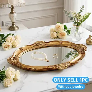 French Vintage Carved Oval Mirror Tray, Resin Material, Elegant Desktop Organizer, Perfect for Home Decor, Jewelry Display, Photography Props